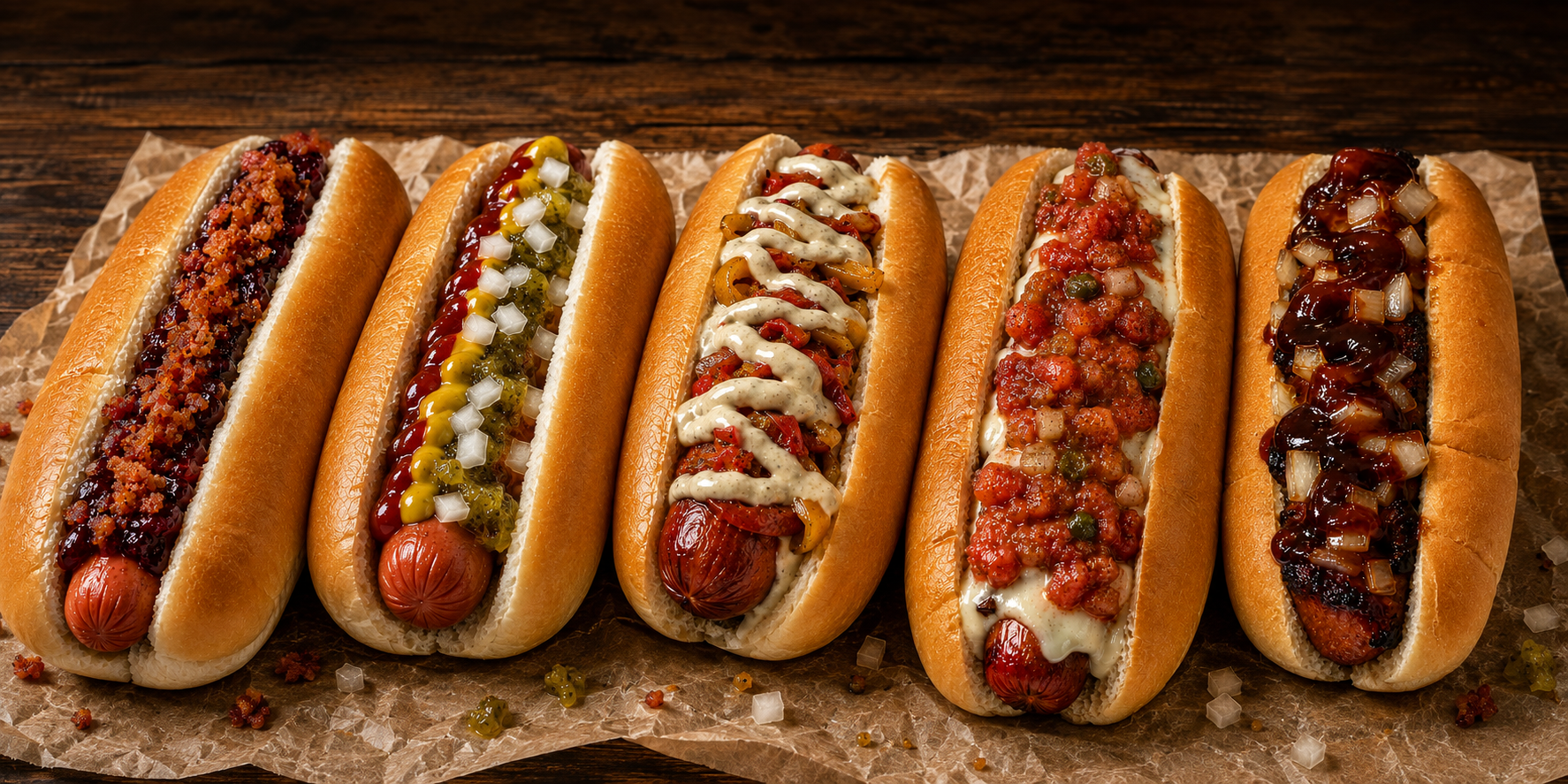 Five gourmet Destiny's Dawgs lined up with signature toppings on a wooden table