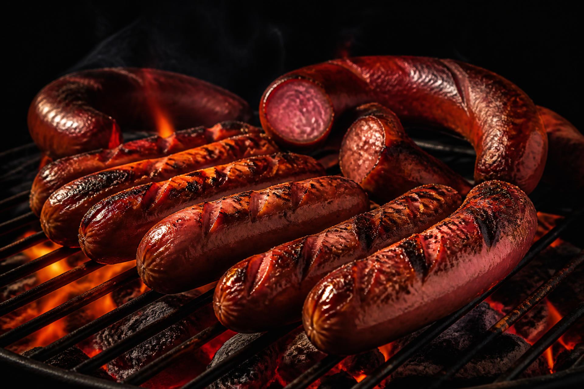Hot dogs, half-smokes and kielbasa grilling over open flames